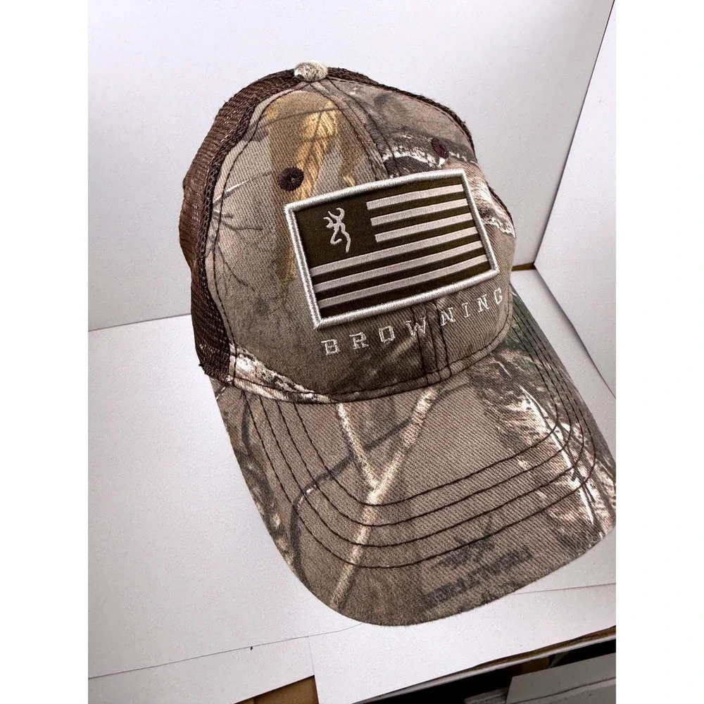 Browning Camo Trucker Hat Mens Realtree Edge American Flag Patch Snapback Cap - Picture 3 of 12